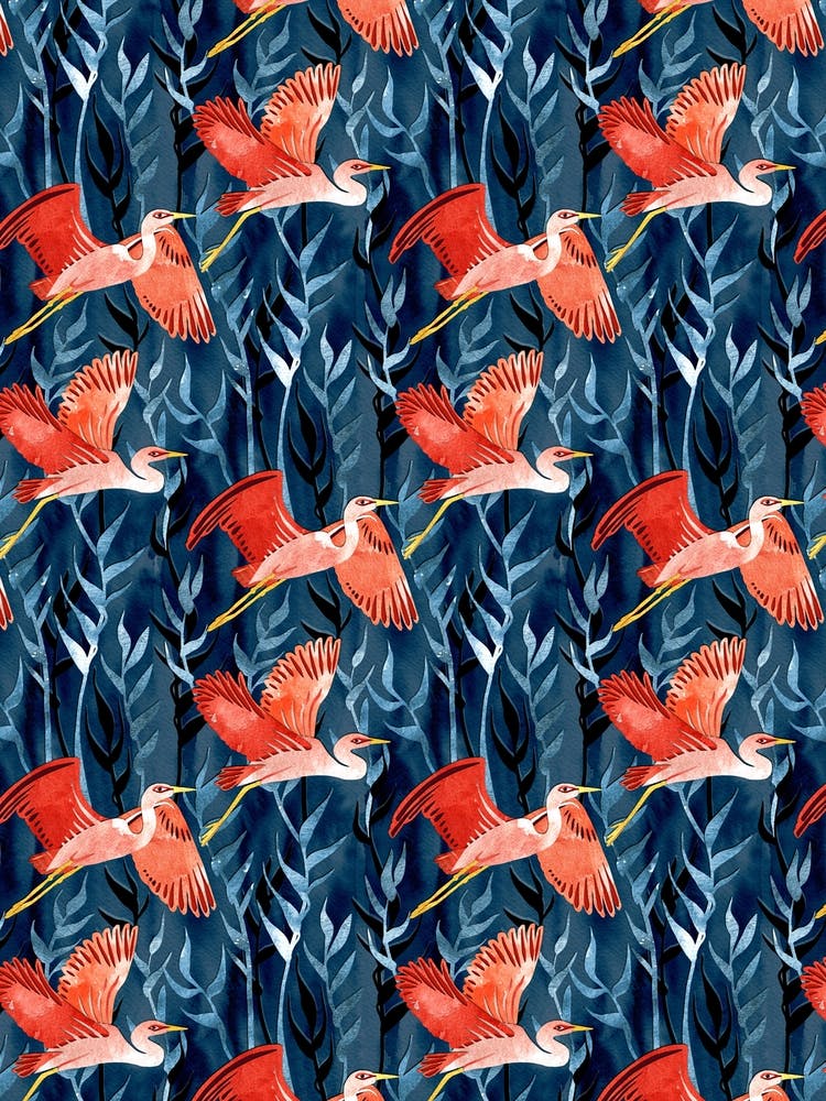 Oiseaux et Roseaux En Rouge et Bleu