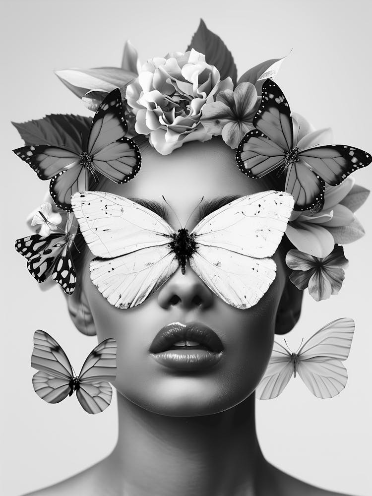 Black And White Portrait Of Woman With Butterflies On Her Face