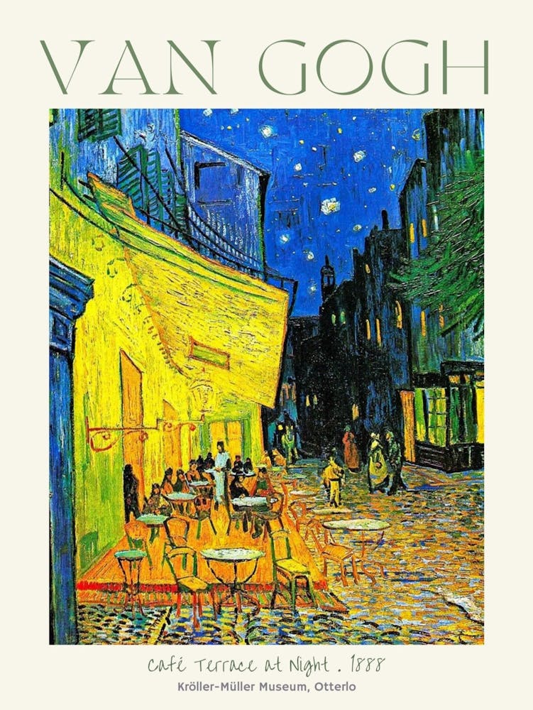 Van Gogh Café Terrace at Night 1888 in HD Art Poster Print For Feature Wall Decor - Museum Print at Kröller-Müller Museum, Otterlo for Vincent Van Gogh - Fully Remastered High Definition