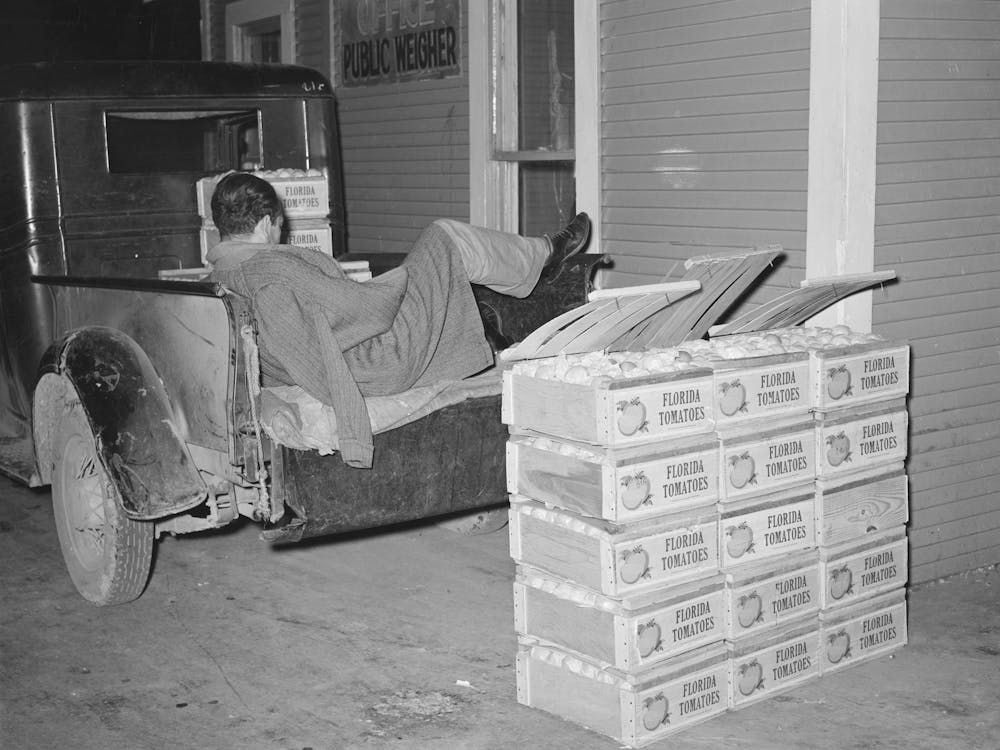 Tomato Peddler Asleep In Back Of His Truck At Early Morning Vegetable Market, San Antonio, Texas By Russell Lee