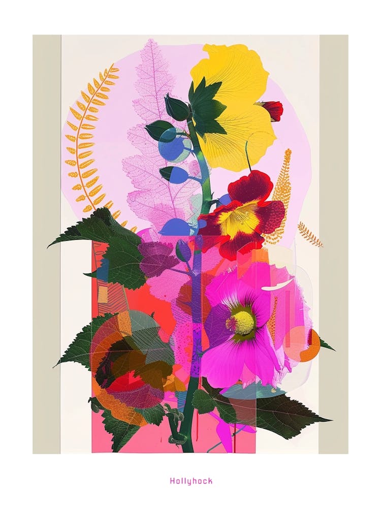 Hollyhock 4 Neon Flower Collage Poster