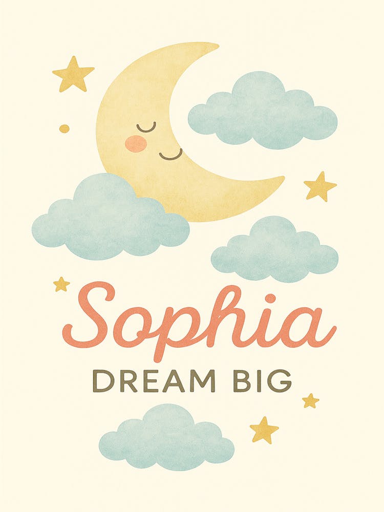 Personalized Moon and Stars Nursery Print – Dream Big Sophia | Custom Baby Name Wall Art