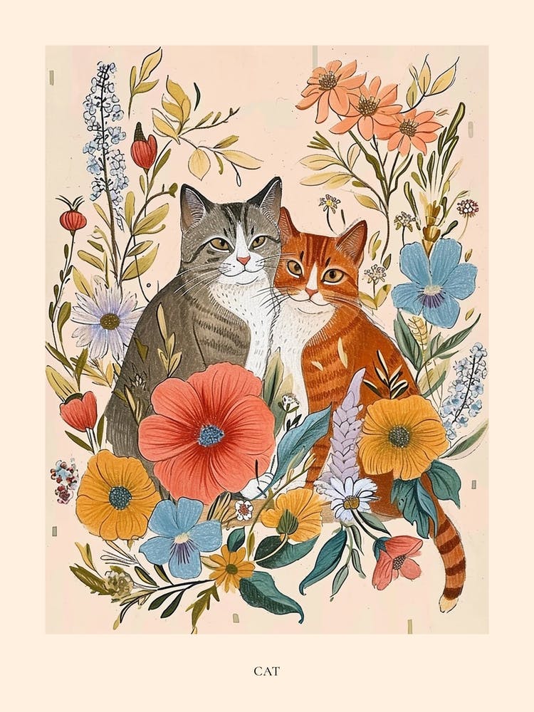 Folksy Floral Animal Drawing Cat 2 Poster