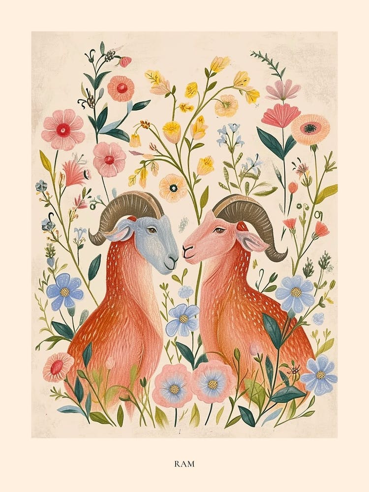 Dessin animalier floral folklorique Bélier 2 - Affiche