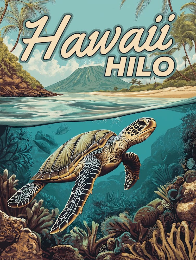 Hilo Hawaii Big Island Vintage Turtle Beach Poster