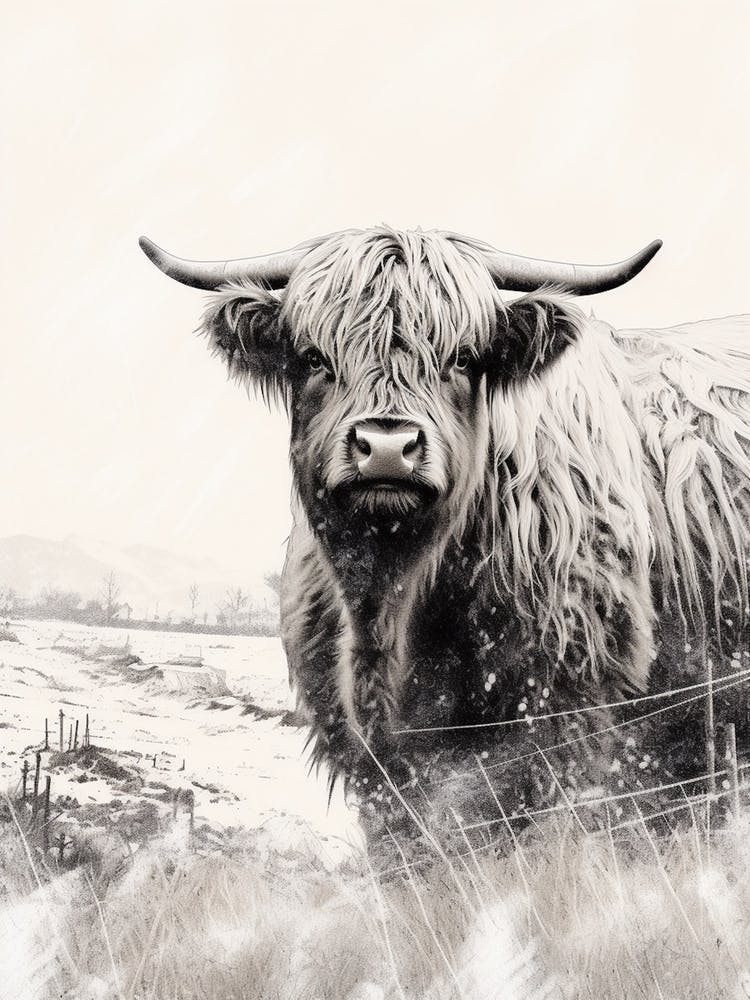 Black Ink Style Highland Cow In A Snowy Field