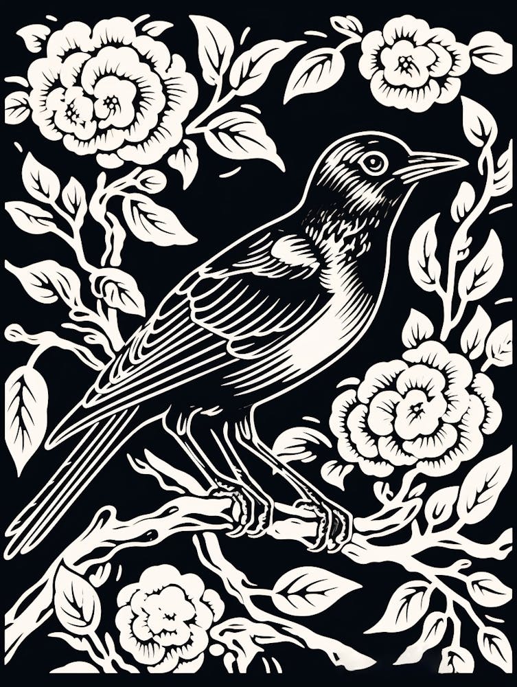 B&W Bird Linocut Magpie 3