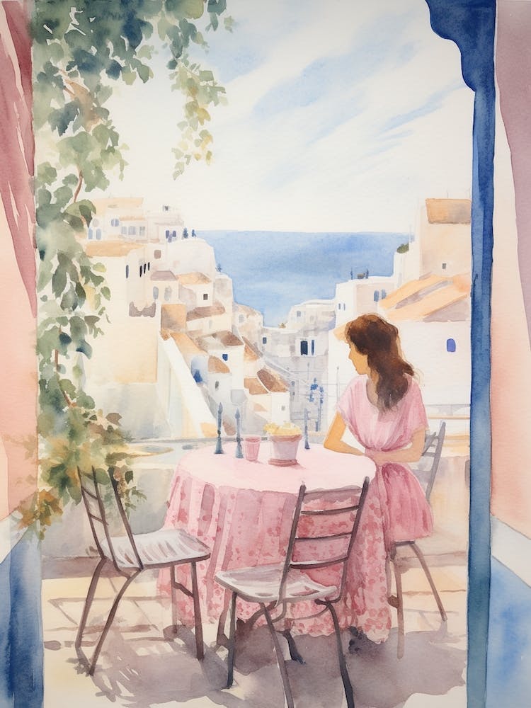 At A Cafe In Santorini Greece Watercolour