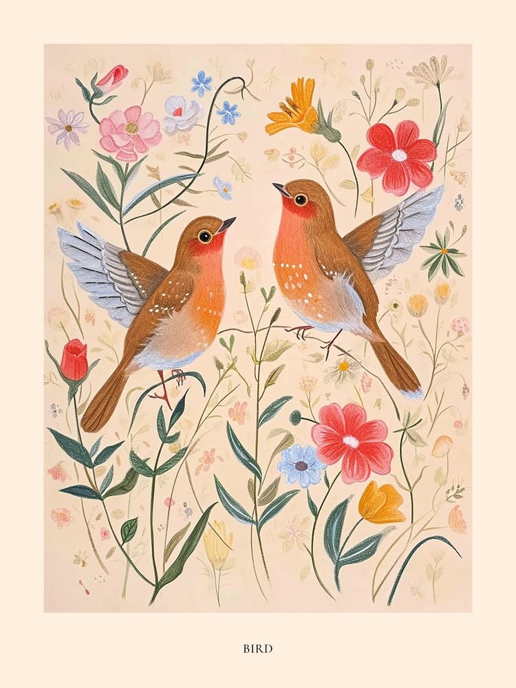 Folksy Floral Animal Drawing Bird 2 Poster