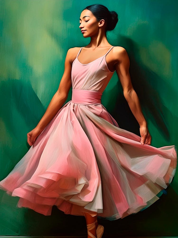 Ballerina With A Pink Dress Posing In Front Of Dark Green Wall
