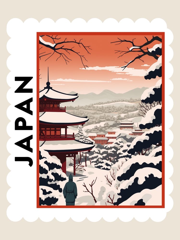 Retro Winter Stamp Poster Kyoto Japan 2