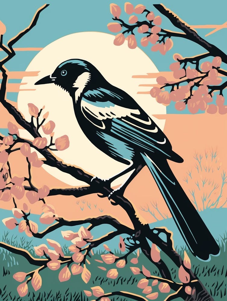 Vintage Bird Linocut Magpie 7