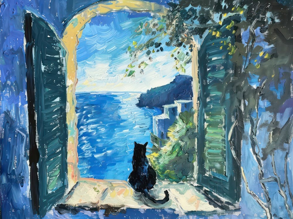 Cat On A Window In Amalfi Blue Matisse Style
