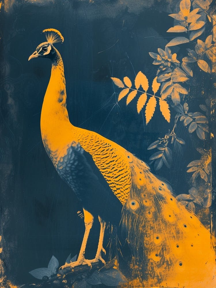 Orange & Blue Cyanotype Inspired Peacock With Tropical Leaves 3
