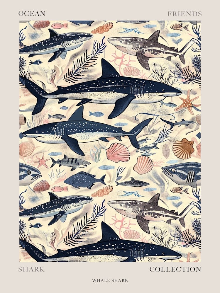 Pastel Blue Whale Shark Watercolour Seascape Pattern 2 Poster