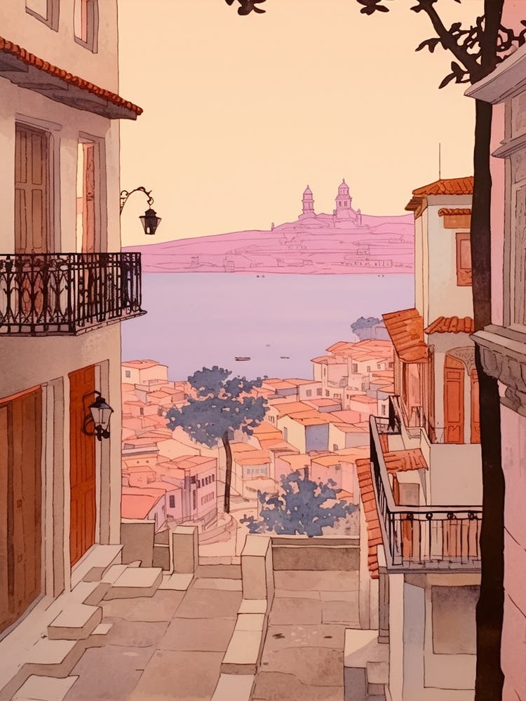 Cartagena Spain 5 Vintage Pink Travel Illustration