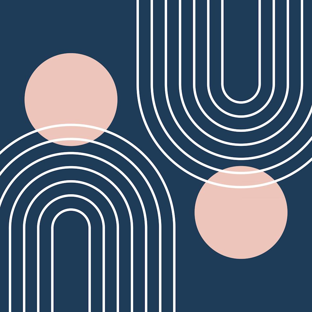 Mid Century Modern Geometric In Navy Blue And Pastel Pink (Rainbow And Sun Abstract) 02