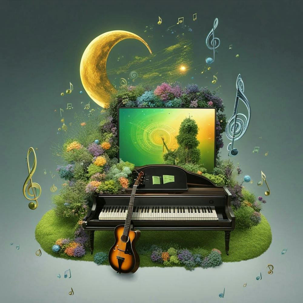 Guitar and Piano In The Garden with Moon in Background