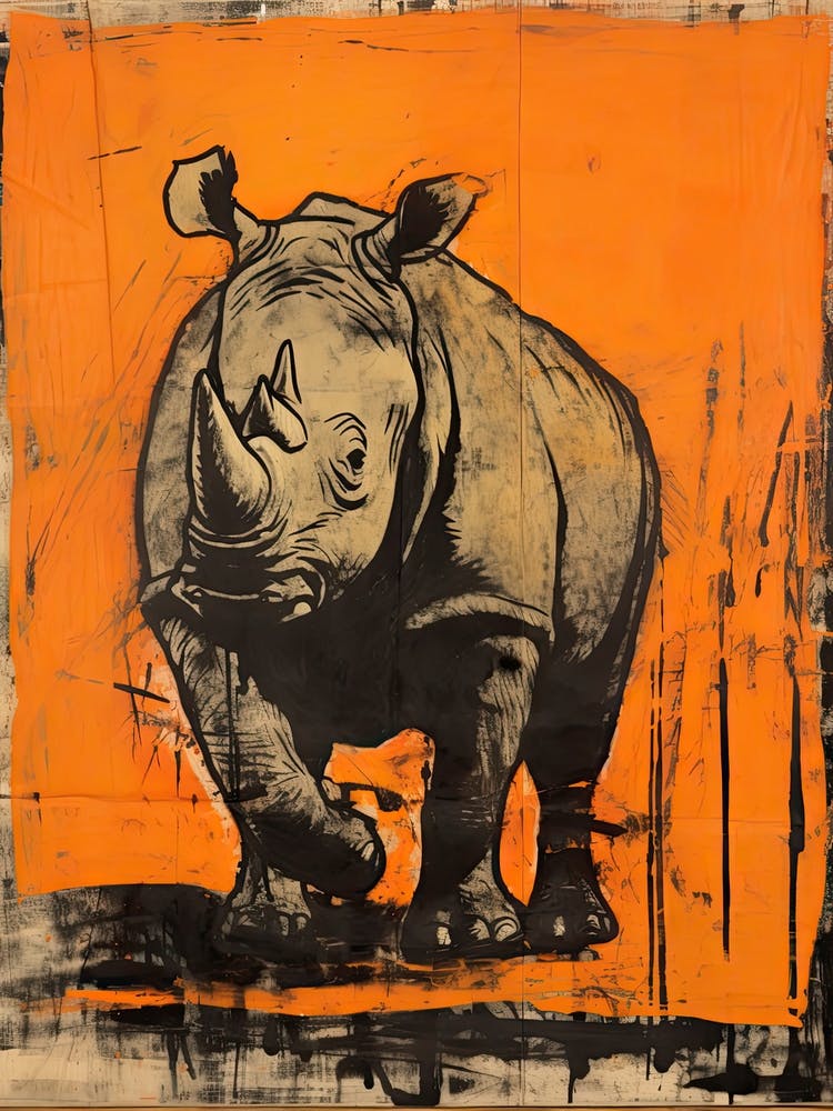 Rhino, Woodblock Animal  Drawing 3