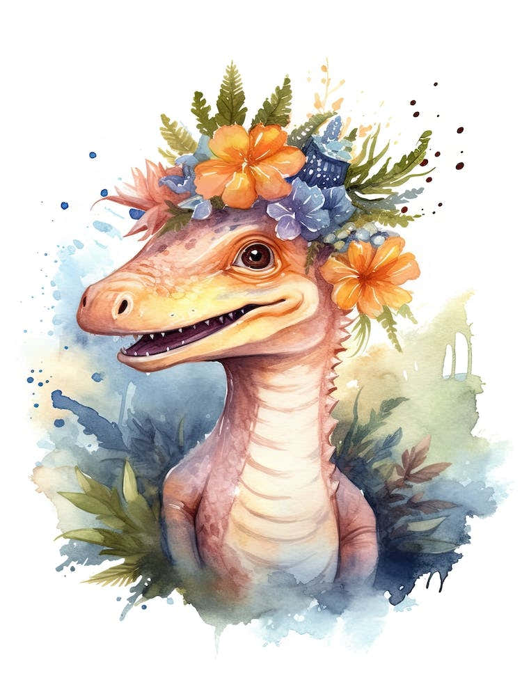 Spinosaurus With A Crown Of Flowers Cute Dinosaur Watercolour 4