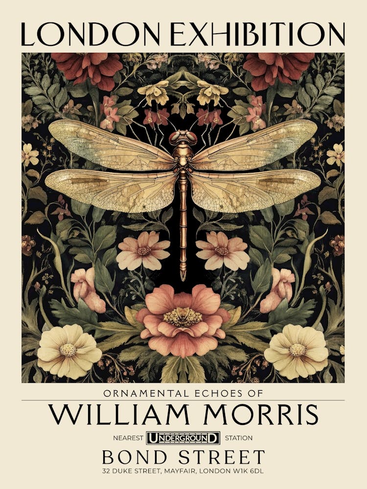 William Morris Dragonfly and floral artwork in Warm earth tones, insect and flower pattern dark academia library Botanical vintage print, living room vintage decor Floral tapestry Victorian nature art 9