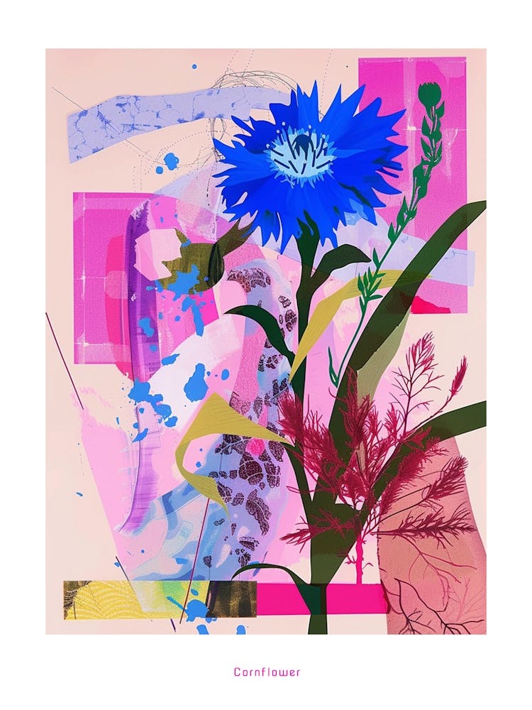 Cornflower (Bachelor S Button) 2 Neon Flower Collage Poster