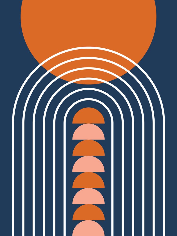 Modern Mid Century Gateway Sun Moon Rainbow 14 Abstract in Navy Blue Burnt Orange 1