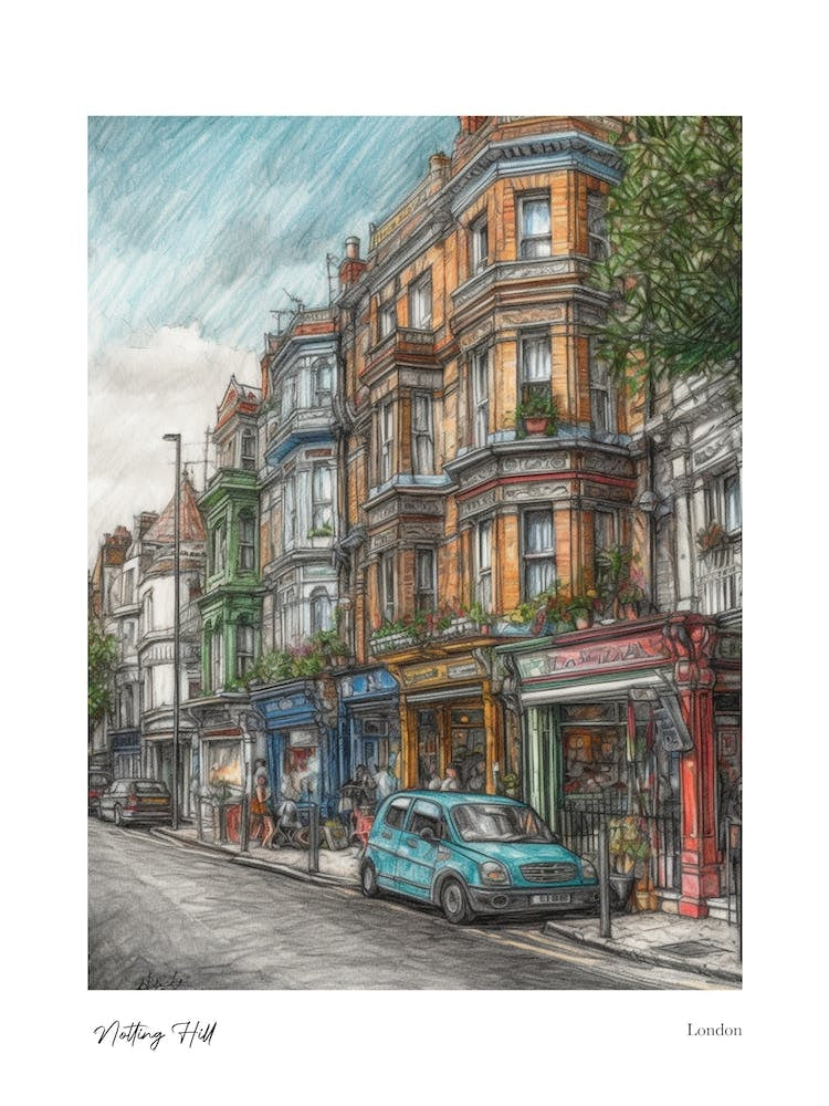 Notting Hill London Pencil Sketch 1 Watercolour Travel Poster