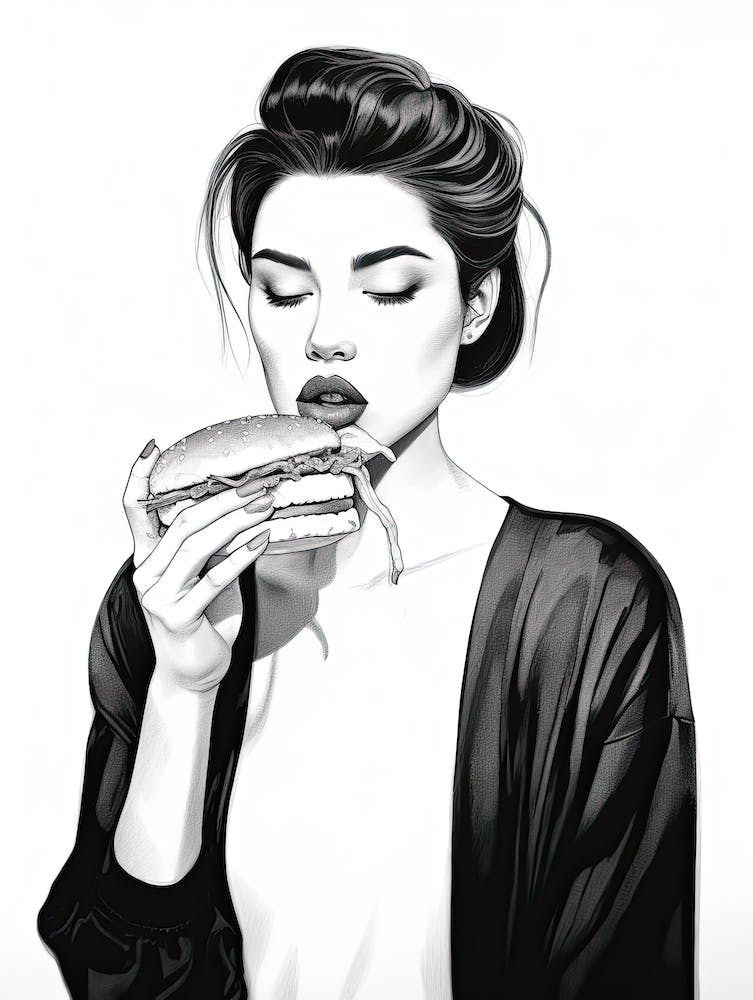 Woman Eating A Burger, lineart