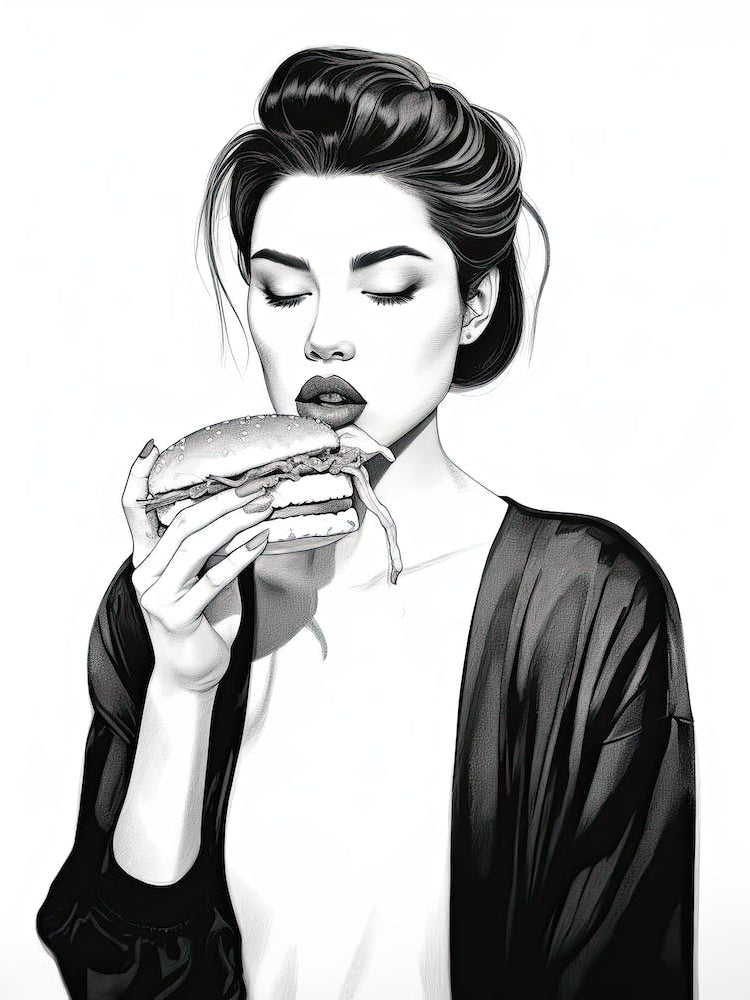 Woman Eating A Burger, lineart
