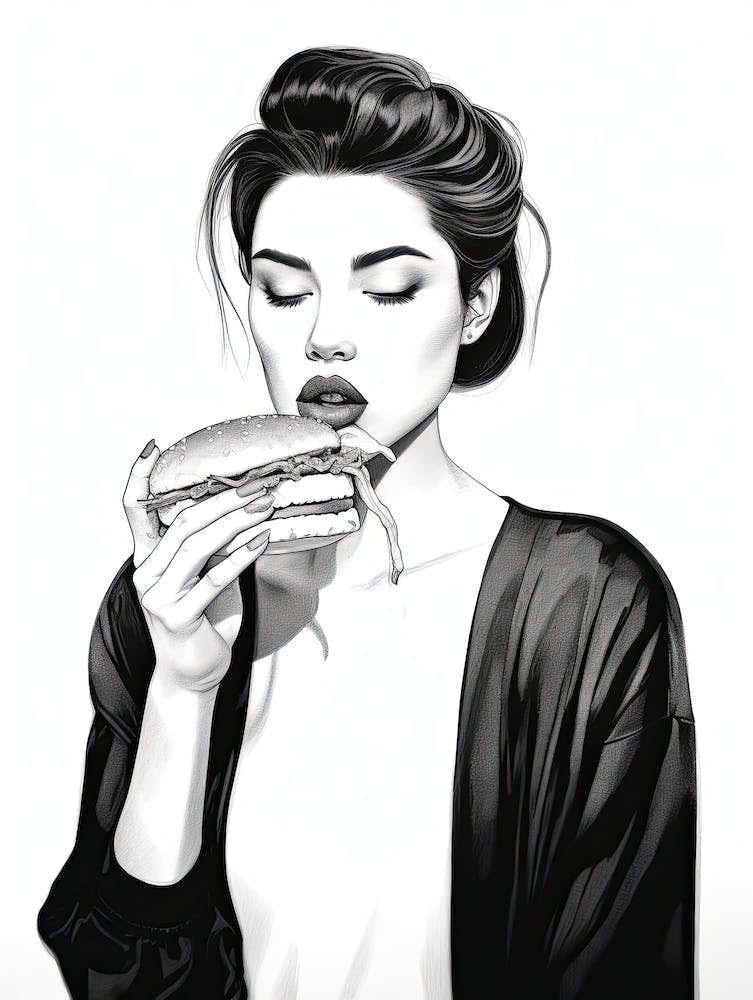 Woman Eating A Burger, lineart