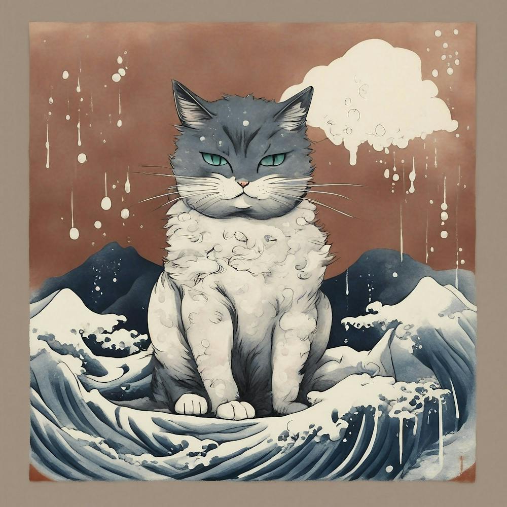 Hokusai style Cat on The Waves Art