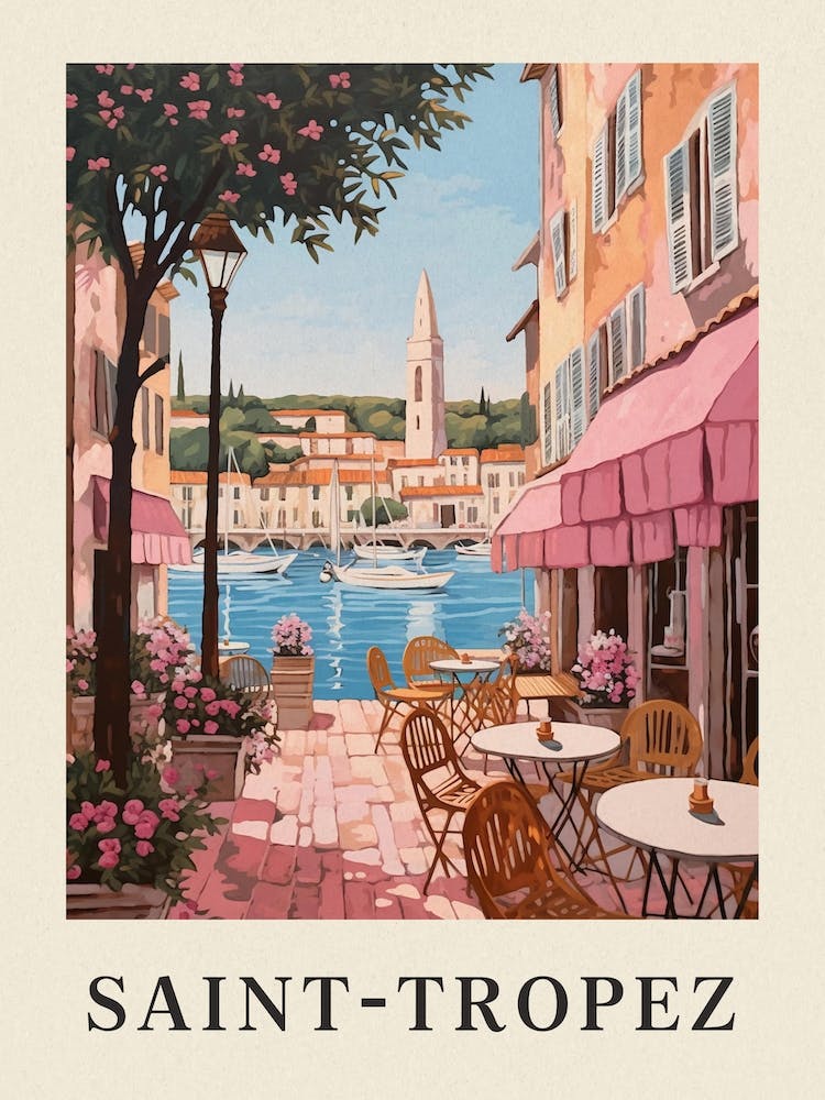 Saint Tropez France 2 Vintage Pink Travel Illustration Poster