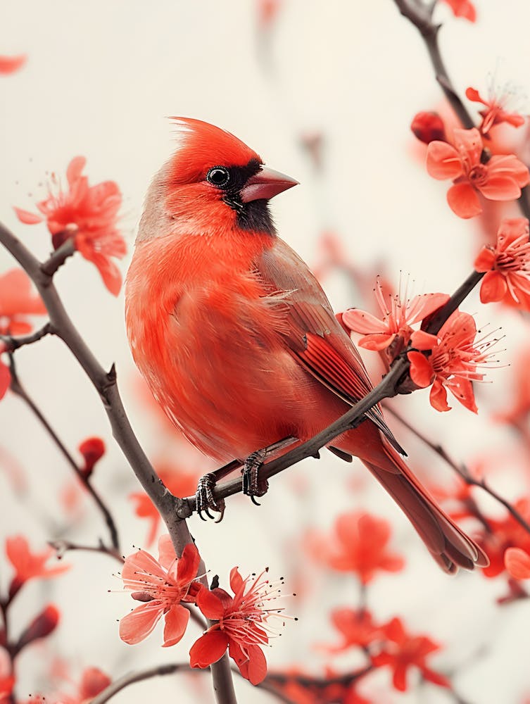 Cardinal dans les fleurs de cerisier
