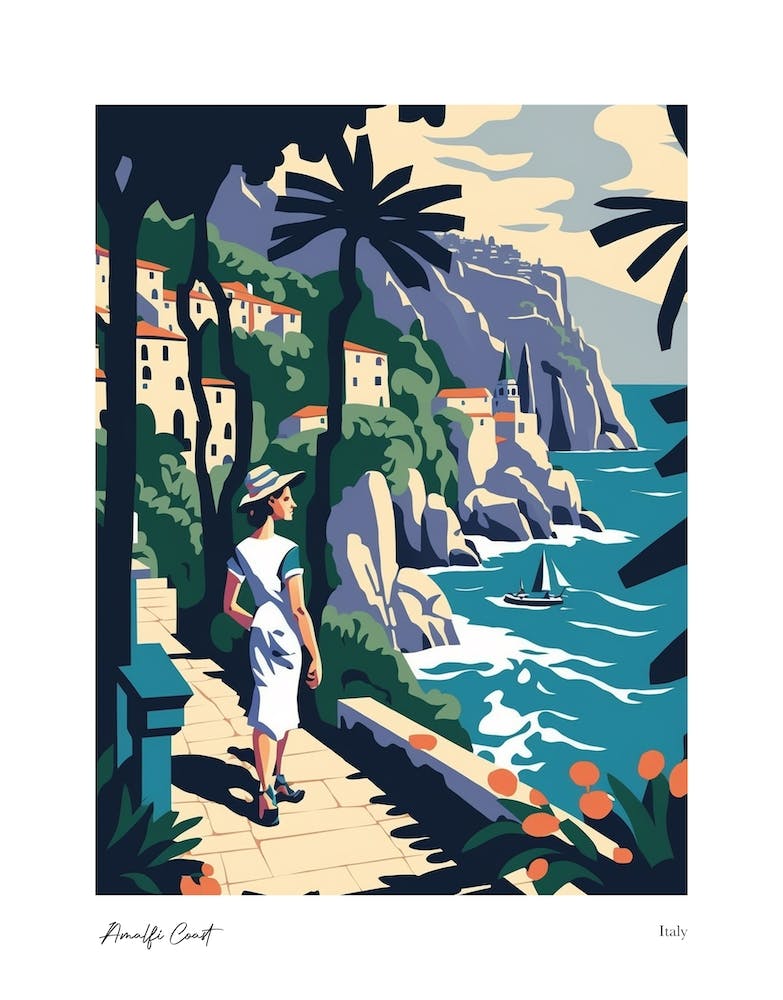 Amalfi Coast Matisse Style, Italy 7 Watercolour Travel Poster