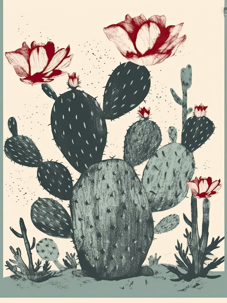 Cactus With Red Flower Stamp Illustration