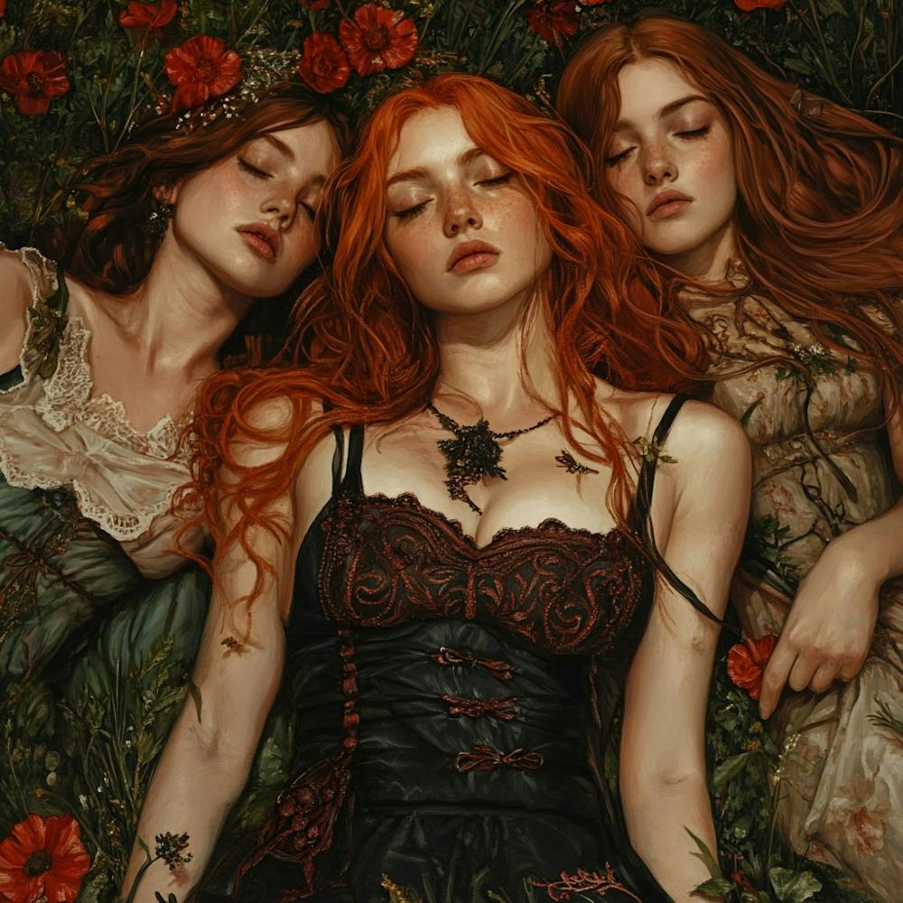 Three Ginger Girls Sleeping In The Grass