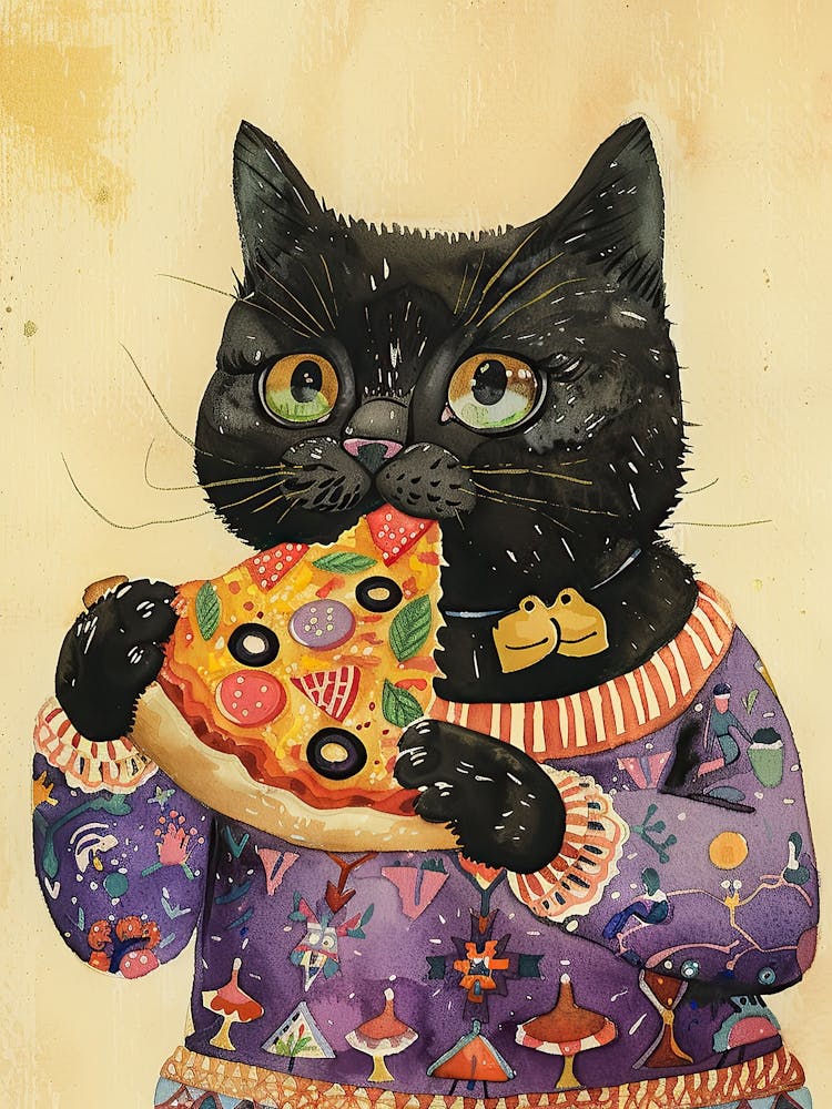 Cute Black Cat Eating A Pizza Slice Folk Illustration 3