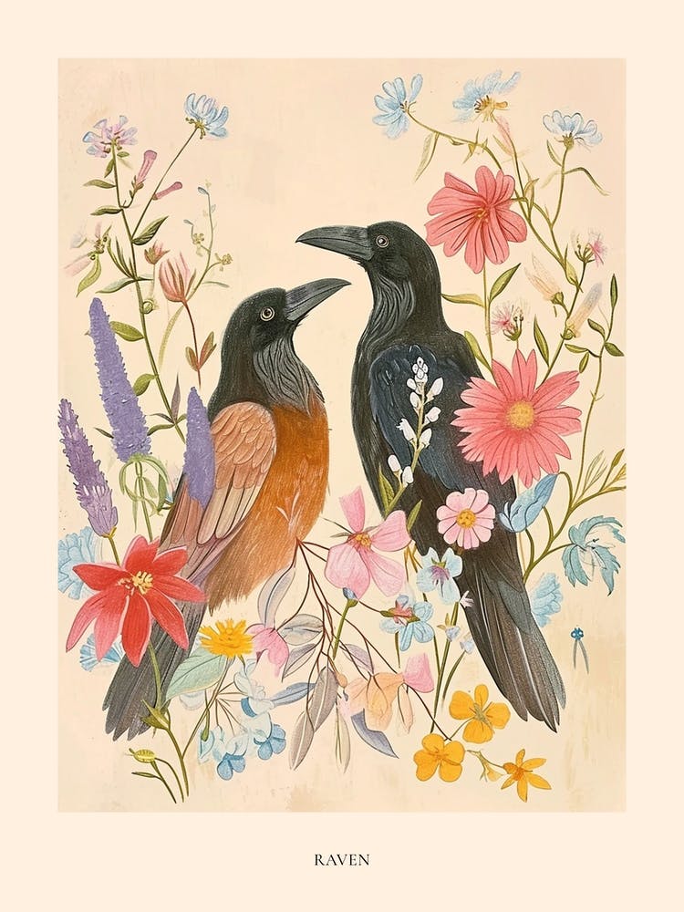 Folksy Floral Animal Drawing Raven 4 Poster