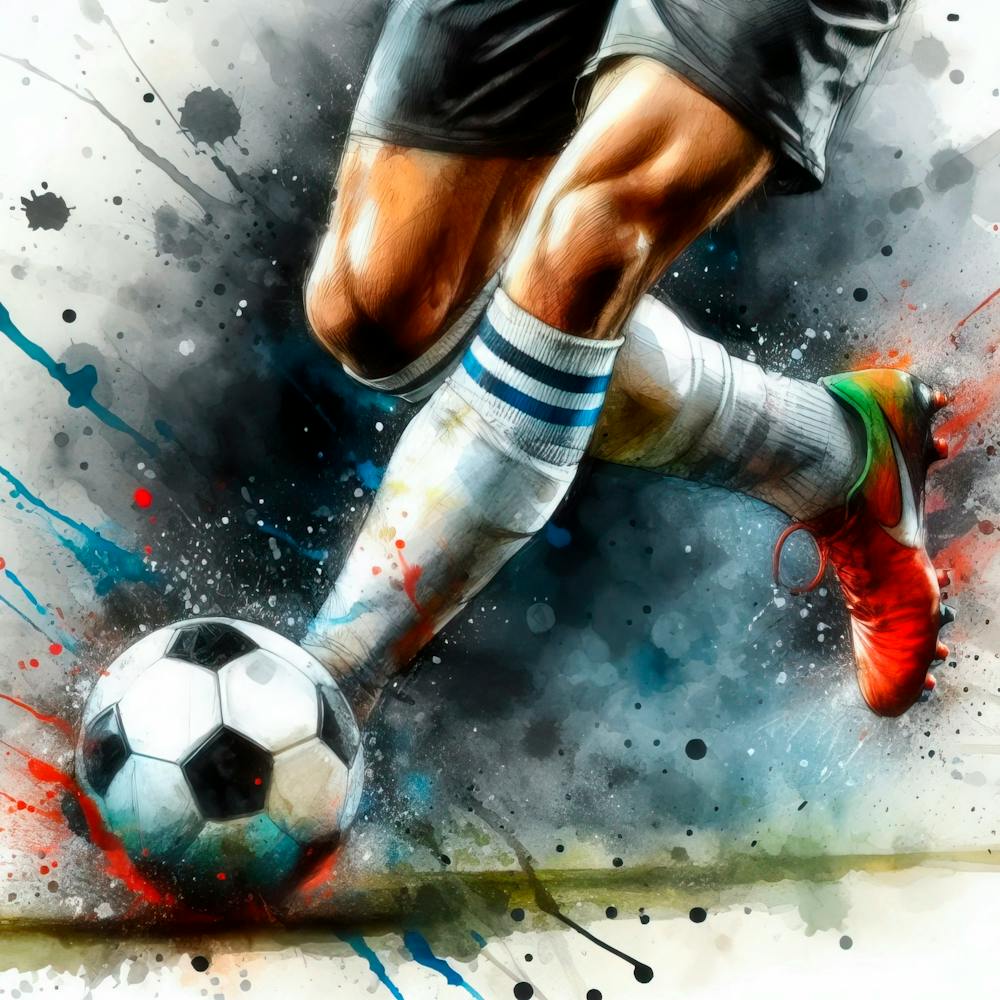 Closeup Of The Legs Of A Soccer Player Carrying The Ball Forward In Watercolor With Spla 1