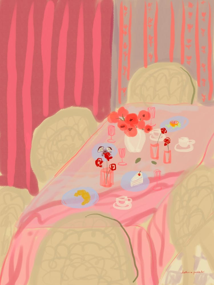 Pink Table With Vase Of Flowers Set For Brunch