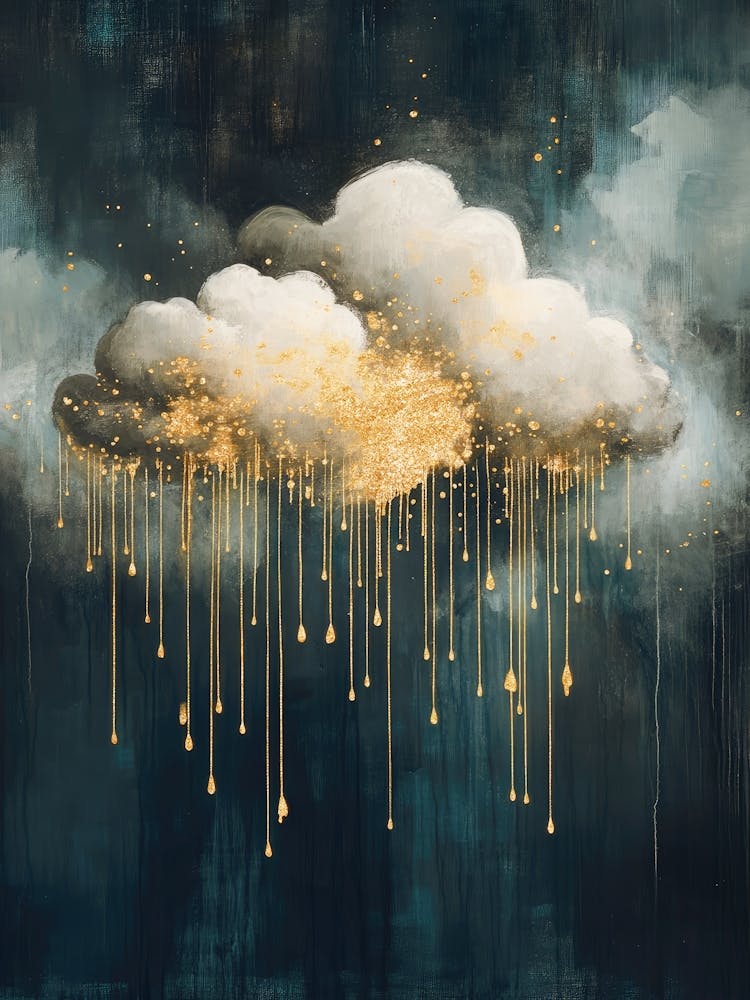 Golden rain from moody cloud painting in dark and warm gold tones in a minimalist luxe aesthetic, surreal celestial art in the style of Gustav Klimt ideal for bedrooms, luxe livng rooms, entryways, modern interiors