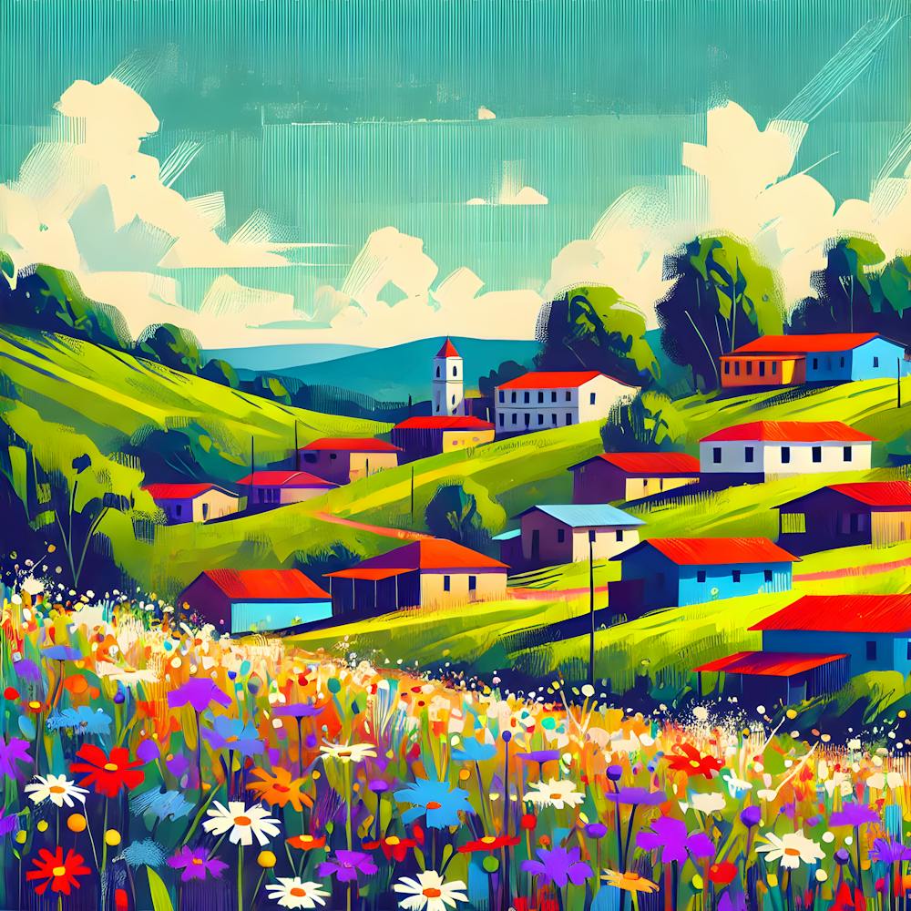 Vibrant Salvadoran Countryside - Semiabstract Rural Landscape Wall Art