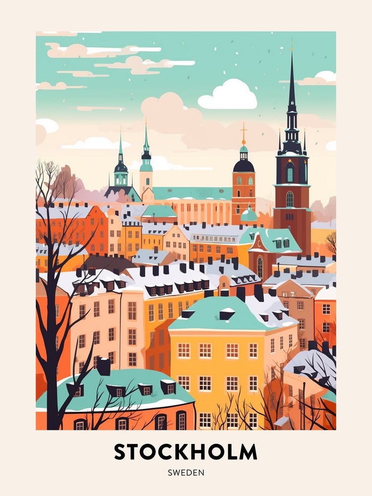 Vintage Winter Travel Poster Stockholm Sweden 1