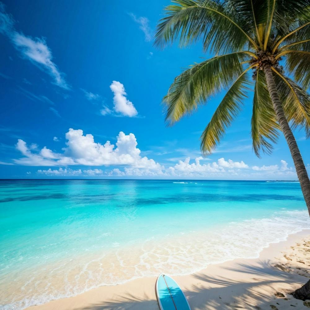 A Sunny Beach In A Tropical Paradise Palm Trees Bending Slightly Above The Turquoise Waters Edge (6)