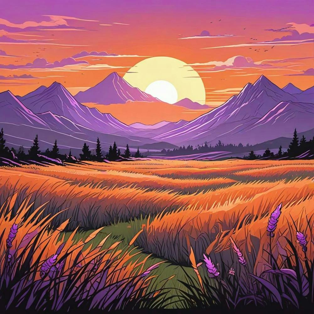 Sommerlandschaft Sonnenuntergang in der Wüste Cartoon Stil Sonnenuntergang Landschaft mit Grasfeld und Bäumen (3)
