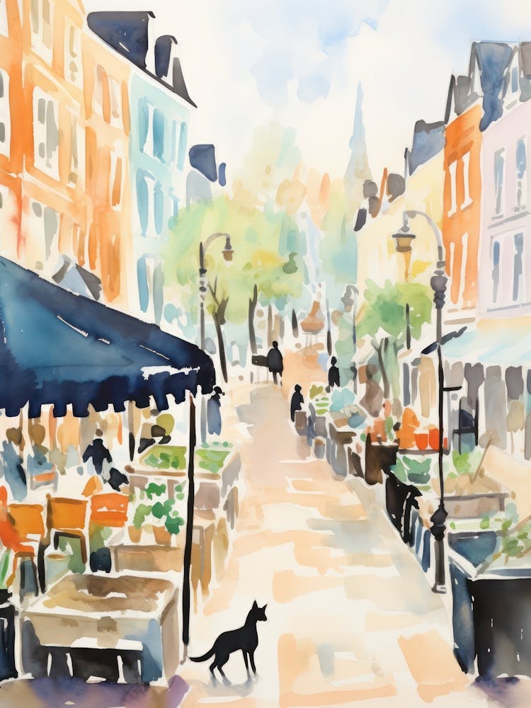 Lebensmittelmarkt mit Katzen in Amsterdam 3 Aquarell