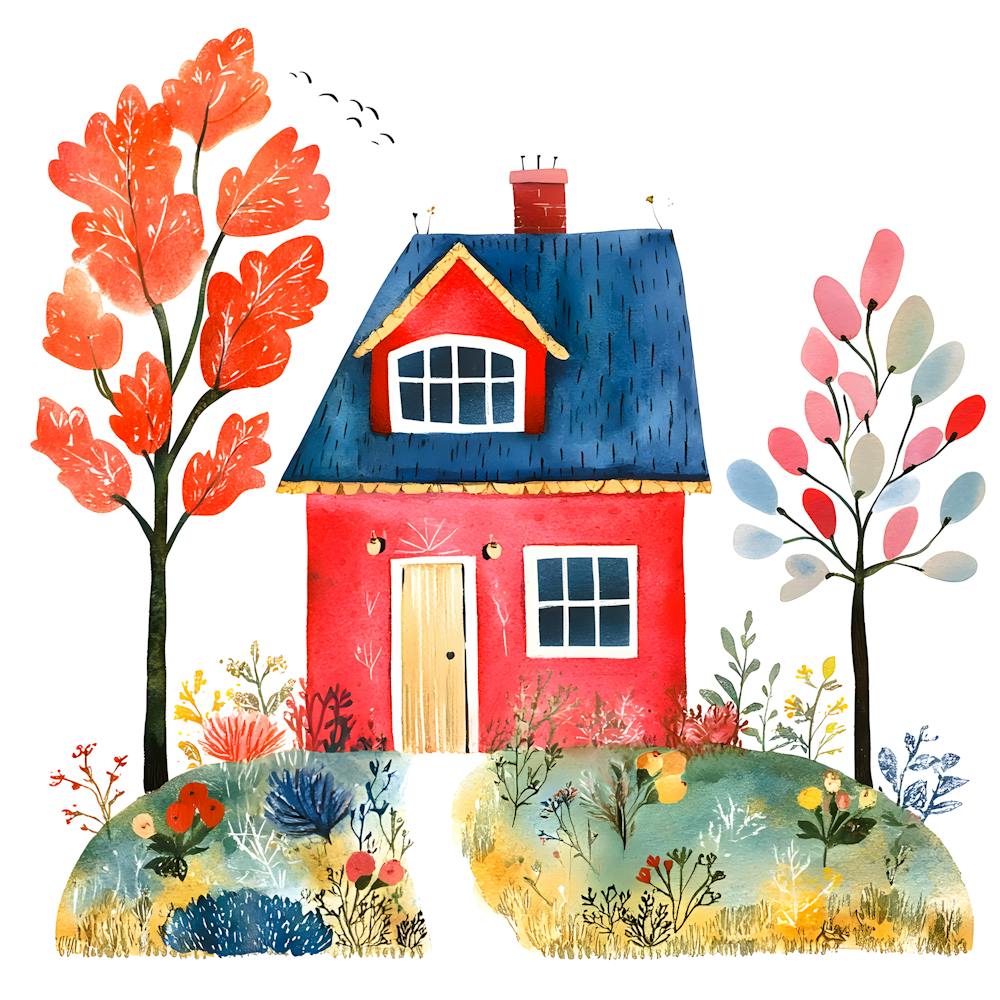 Cozy Watercolor Cottage – Scandinavian Style Autumn House Illustration