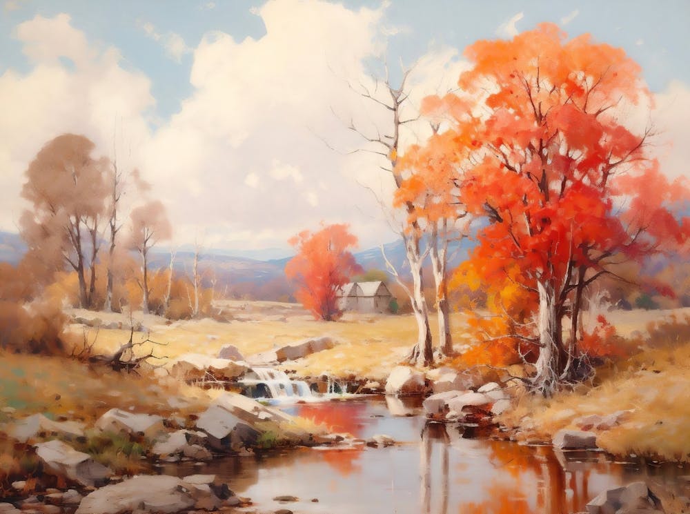 Rustic Fall Landscape Digital Print, Vintage Autumn Painting, Moody Countryside Painting, Fall Warm Tone Print, Autumn Earth Tone Wall Decor