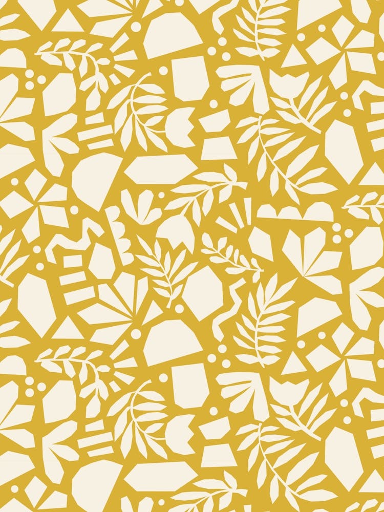Paper Cut Out Collage Florals Abstract Flowers White on Yellow